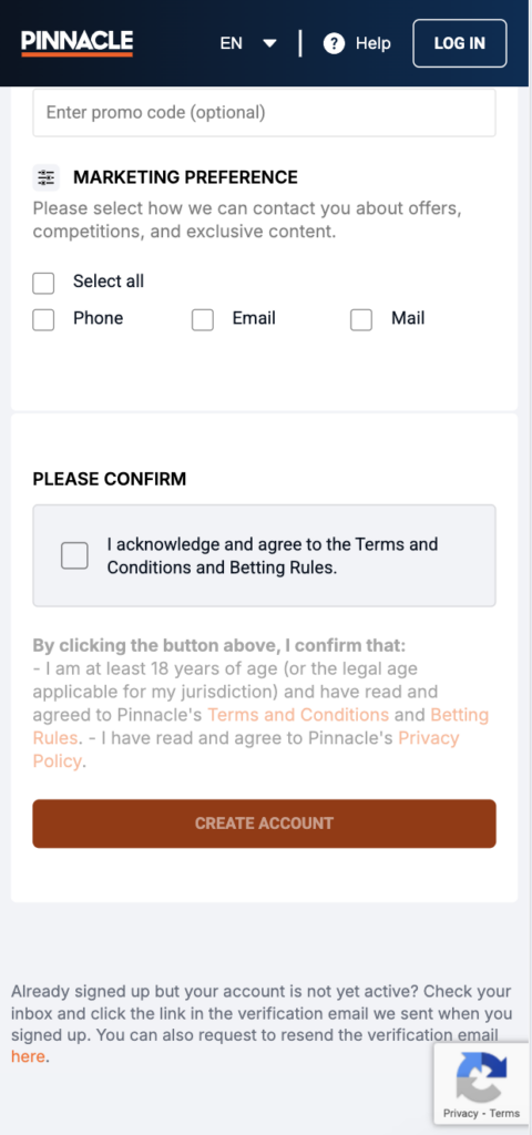 The Pinnacle India account registration screen.