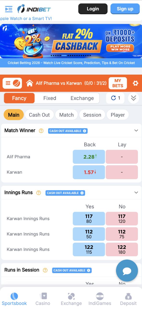 Indibet Live betting odds