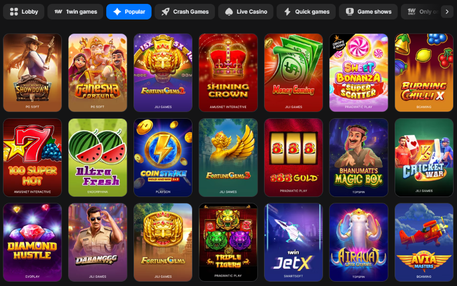 Screenshot of the popular games in the 1win casino lobby.