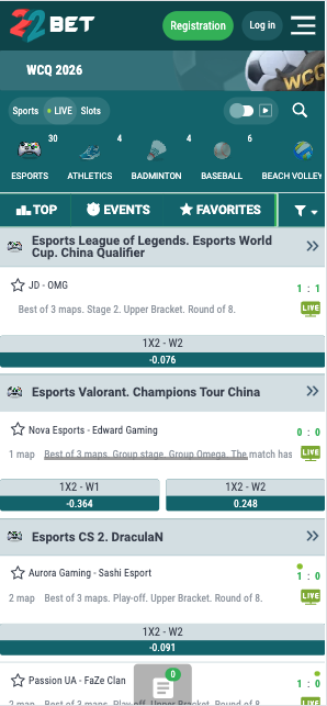 22Bet live betting odds CS2 esports sports