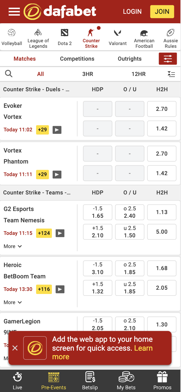 Dafabet India CS2 esports betting odds